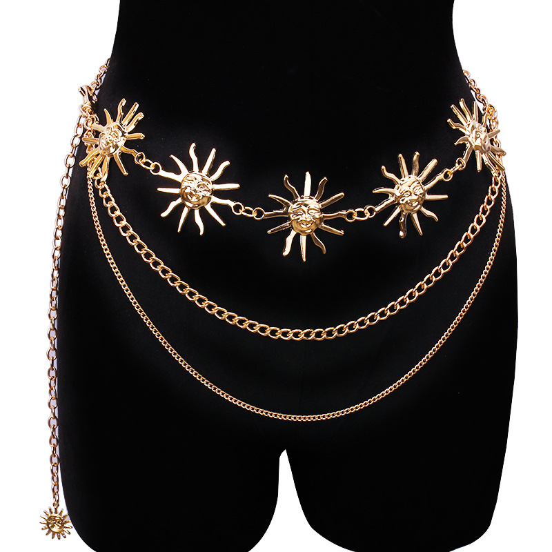 Body Jewelry For You - チャンキーな多層パンクゴシックムーンサンウエストチェーンメタルウエストベルト、女性用ドレスジュエリーボディチェーンジュエリー