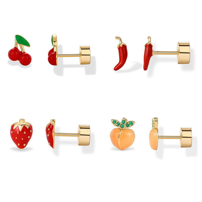 Body Jewelry Surgical Steel - 2 個軟骨イヤリングスタッド女性のためのサージカルスチールフラットバックイヤリングチリイチゴチェリー珠ヘリックスピアスジュエリー