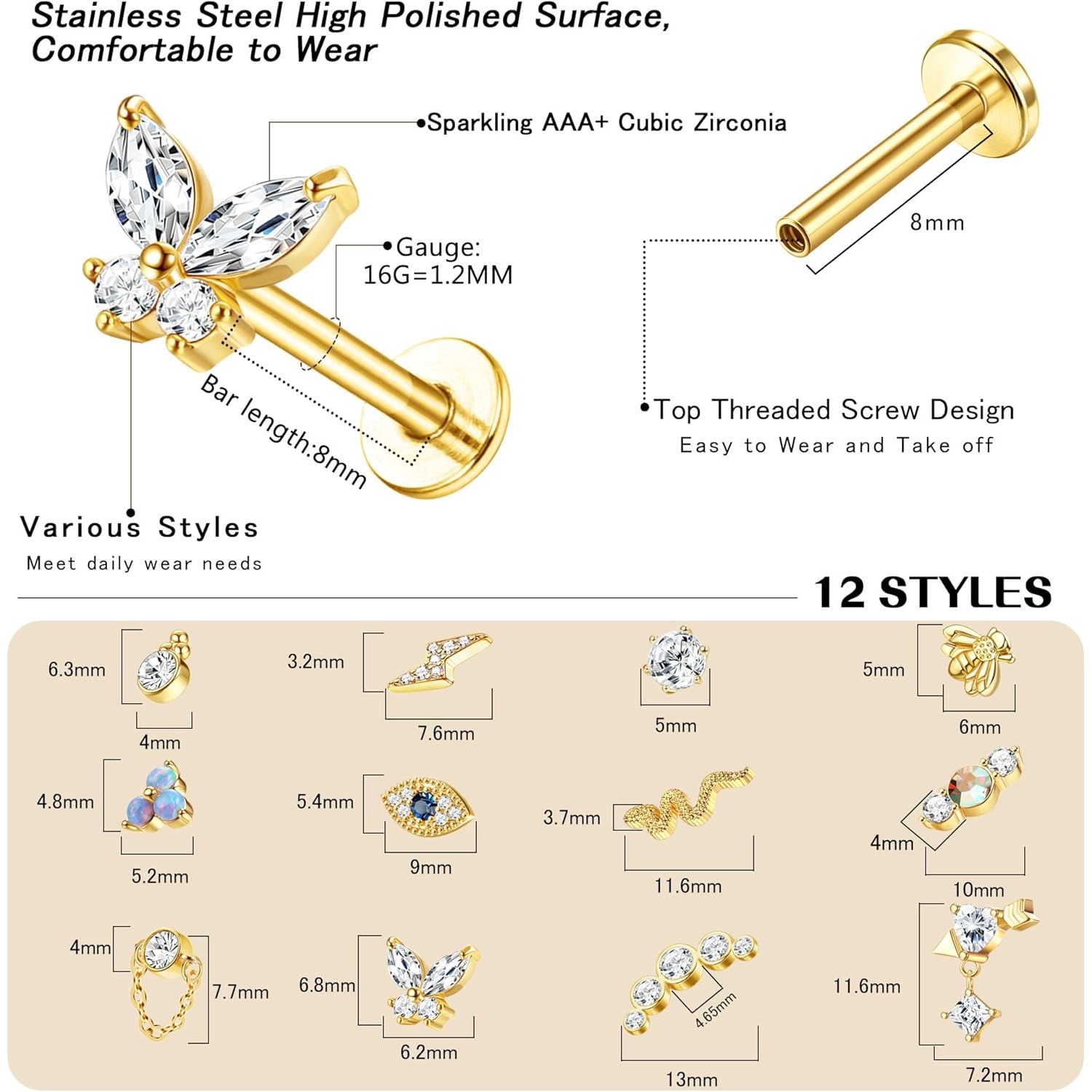ボビスティ 1個 軟骨ピアス スタッド レディース サージカ - Body Jewelry Surgical Steel のレビューと価格
