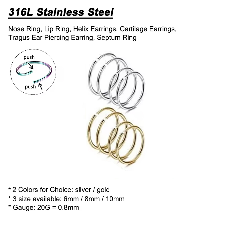 6個/ロット 低アレルギー性ノーズリングフープ 316Lサー - Body Jewelry Surgical Steel のレビューと価格